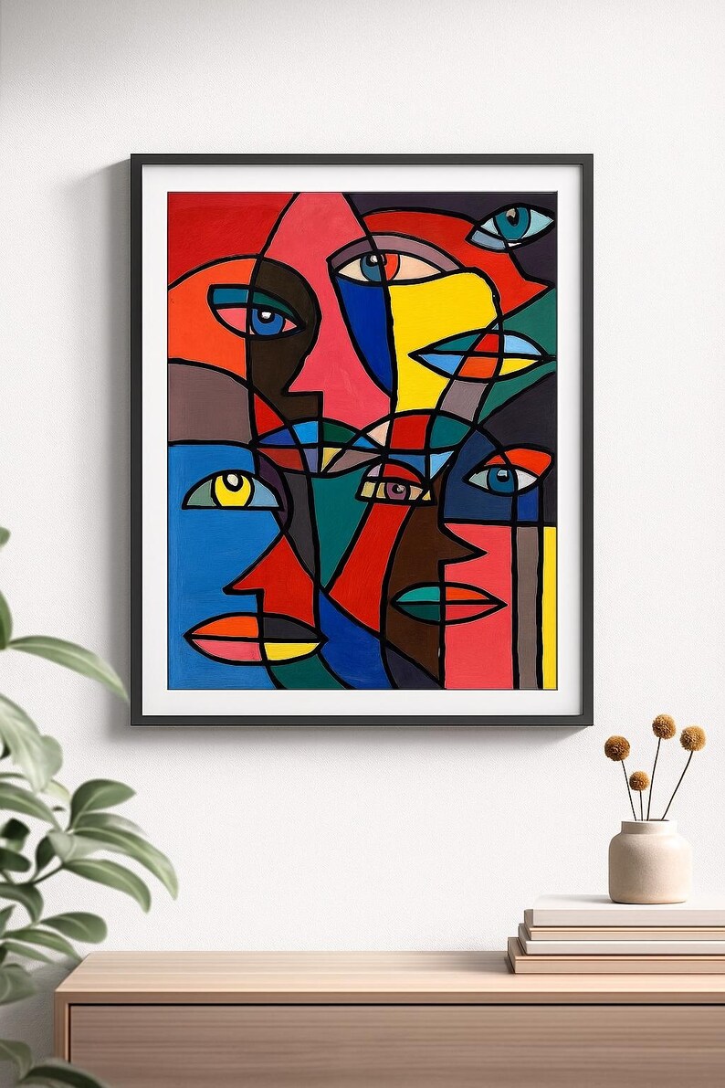Abstract Faces Wall Art | Colorful Modern Digital Print | Cubist Line ...