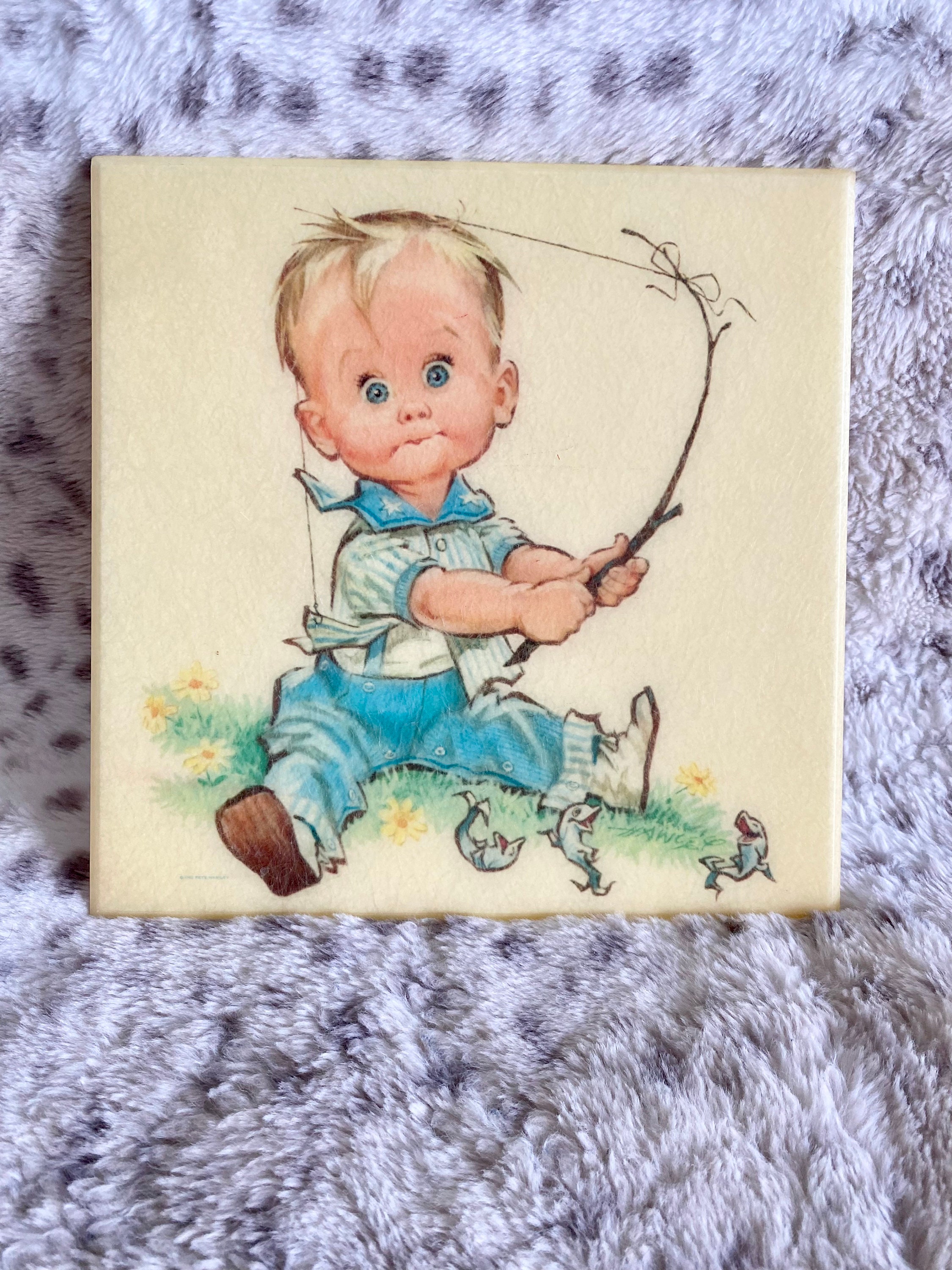 Artist Pete Hawley for Dolly Toy Company Little Boy Fishing Wall Art 1960s  