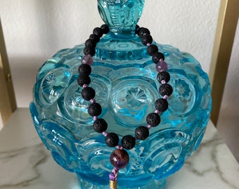 Mini Mala - Buddhist Prayer Beads -  Amethyst and Volcanic Rock - 1 of a Kind - Combine Orders for Free Shipping