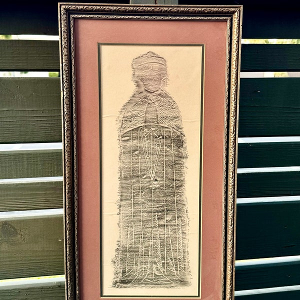 Vintage English Grave Charcoal Rubbing - Unknown Priest - Professionally Framed - Combine Orders for Free Shipping