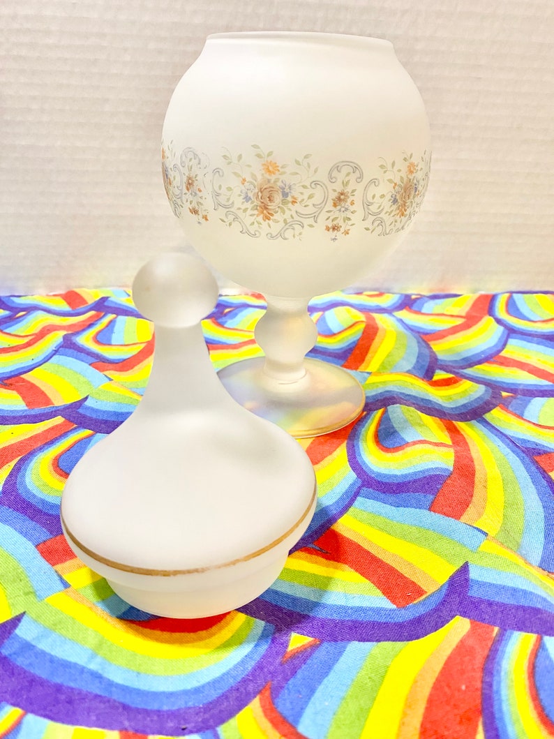 Frosted Satin Glass Pedestal Apothecary Jar Floral and Gold Details Combine Orders for Free