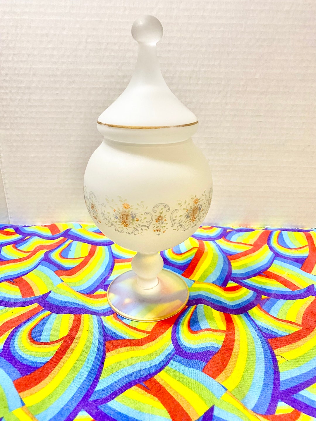 Frosted Satin Glass Pedestal Apothecary Jar Floral and Gold Details Combine Orders for Free