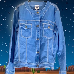 DG2 Diane Gilman L Blue Jacket White Topstitch Denim Twill