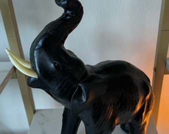 Vintage Black Leather Wraped Elephant With Glass Eyes - Combine Orders for Free Shipping!