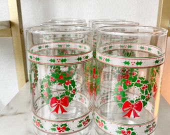 Set of 6  Christmas Green Wreath Red Holly, Christmas Glasses - Combine Orders for Free Shipping