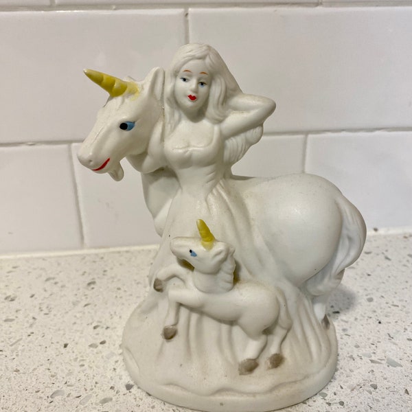 Vintage Flambro Fine Porcelain Woman with Unicorn and Foal Figurine - Combine Orders for Free Shipping