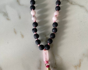 Mini Mala - Buddhist Prayer Beads - Rose Quartz and Volcanic Rock - 1 of a Kind - Combine Orders for Free Shipping