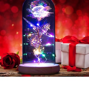 Gifts for women Eternal rose in a glass Beauty and the Beast Rose in glass dome with LED lights Artificial flowers