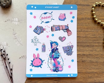 A6 sheet of chibi steampunk girl jinx stickers: Arcane-inspired stickers