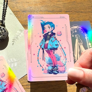 Tarjeta holográfica de juego chica steampunk chibi gafe: Tarjeta fotográfica doble cara inspiración arcana