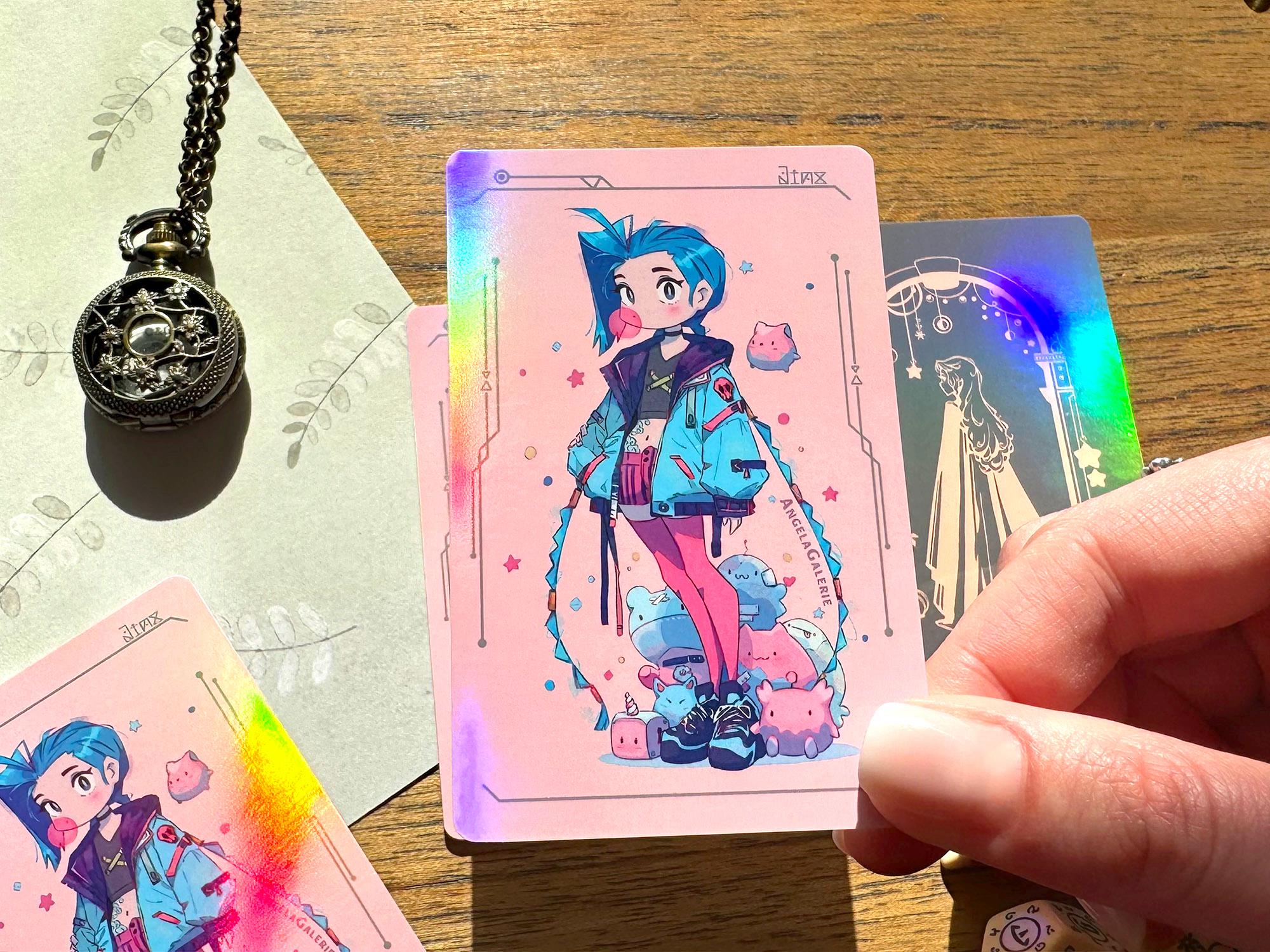 Steampunk Chibi Jinx Girl Holographic Playing Card: Arcane-Inspired Double-Sided Photocard