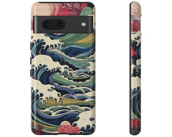 Japanese Wave Warm Colors Tough Case for Google Pixel 7 Google Pixel 6 Pro Google Pixel 6 Google Pixel 5 5G Case Japanese Art Great Wave