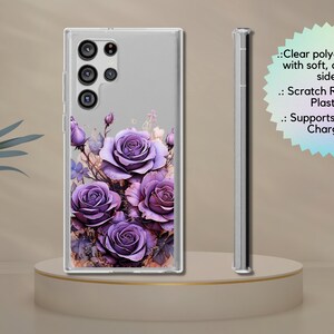 May include: A clear phone case with a purple floral design. The case is made of polycarbonate and TPU and supports wireless charging.