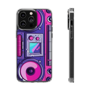 Retro Boom Box Clear Phone Case for iphone 14 Pro Max, 13 Pro Max, 12 Pro Max, 11 Pro Max iphone mini case Purple and Pink Trendy Phone Case