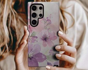 Watercolor Floral Samsung Galaxy S24 Ultra Tough Case Soft Pink Purple Green Flowers Pastel Background S24 Plus S23 S22 S21 S20 S10