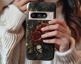 Gothic Floral Google Pixel 8 Tough Case - Black & Crimson Roses Gold Accents Silver Skulls Halloween Pixel 8 Pro Case Pixel 7 6 Pro 5 5G