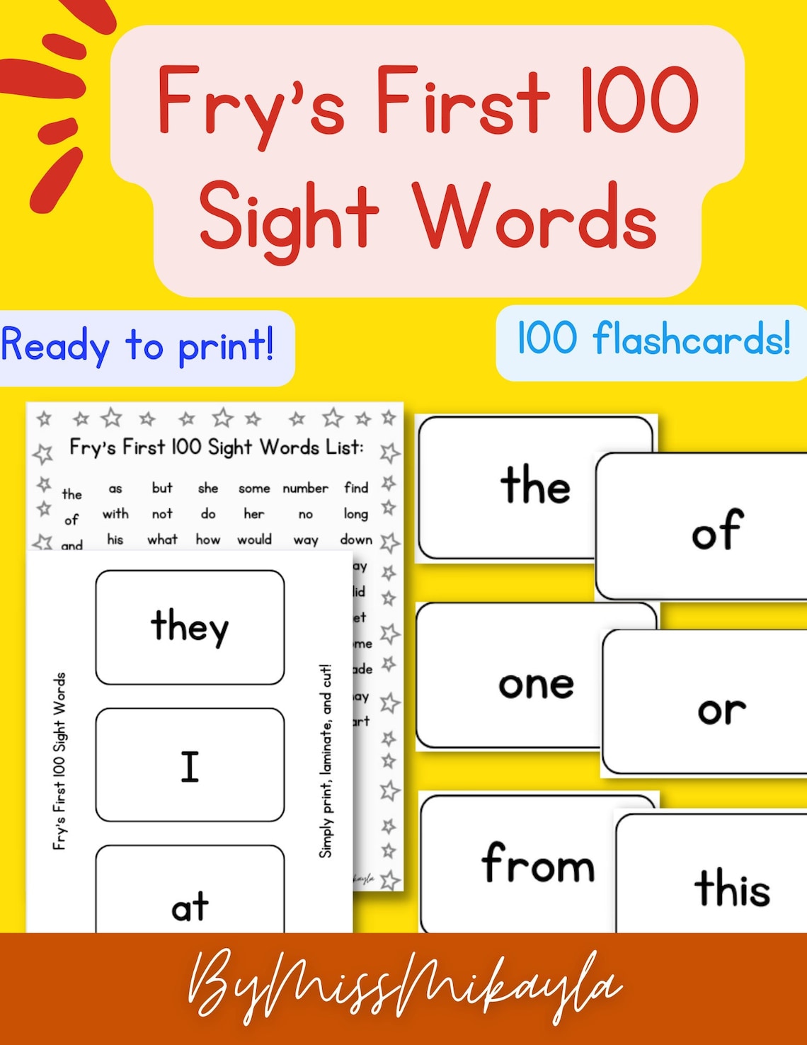 100 Printable Fry's First Hundred Sight Word Flashcards Kindergarten