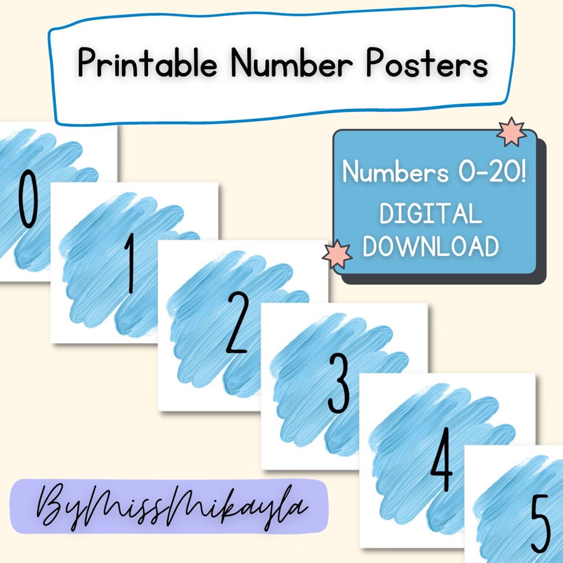 Printable Number Posters | Blue Brush Stroke | Classroom Decor | Number ...