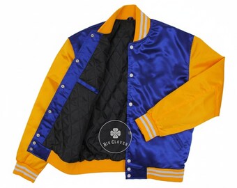 Handmade Royal Blue Satin Varsity Jacket: Gold Yellow Sleeves - Etsy