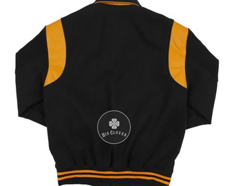Handmade Black Wool Varsity Jacket: Leather Inserts, Letterman