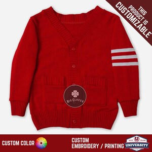 Personalizado hecho a mano unisex jacquard punto cardigan escuela universidad animadora graduación carta bordada ropa griega suéter