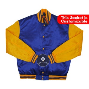Handmade Royal Blue Satin Letterman Jacket: Gold Sleeves