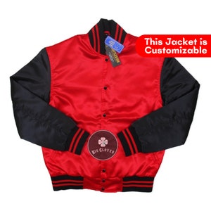 Handmade Red Body Black Sleeves Satin High School Letterman Baseball Bomber Blank Mid Season Varsity Streetwear College Bomber Jacket