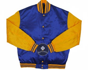 Handgefertigte Royal Blau Satin Letterman Jacke: Gold Ärmel