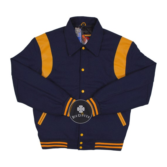 Handmade Navy Melton Wool Varsity Jacket: Leather Inserts - Etsy