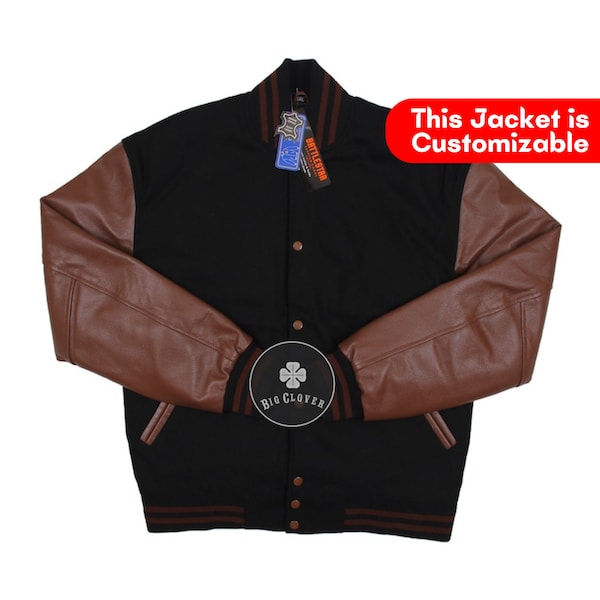Handmade Black Wool Body Brown Cowhide Leather Sleeves Personalized High School Letterman Baseball Bomber Varsity Streetwear Jacket
