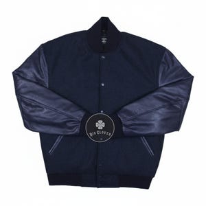 Handmade Navy Wool Varsity Jacket: Leather Sleeves, Bomber Style