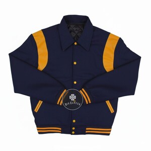 Handmade Navy Melton Wool Varsity Jacket: Leather Inserts