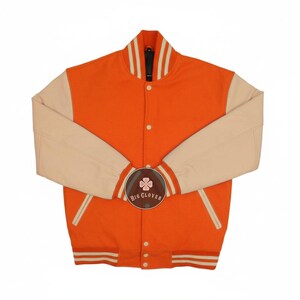 Handmade Orange Wool Varsity Jacket: Cream Cowhide Leather Sleeves