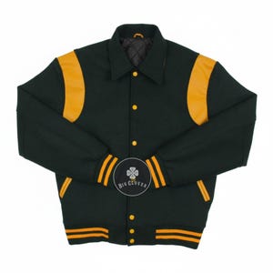 Handmade Forest Green Wool Varsity Jacket: Leather Inserts
