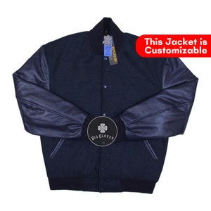 Corps en laine bleu marine fait à la main et manches en cuir de vachette véritable High School Letterman Baseball Bomber Varsity Streetwear College Jacket