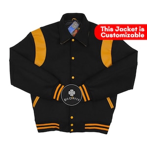 Chaqueta de lana negra con cuello Byron hecho a mano con inserciones de cuero para escuela secundaria