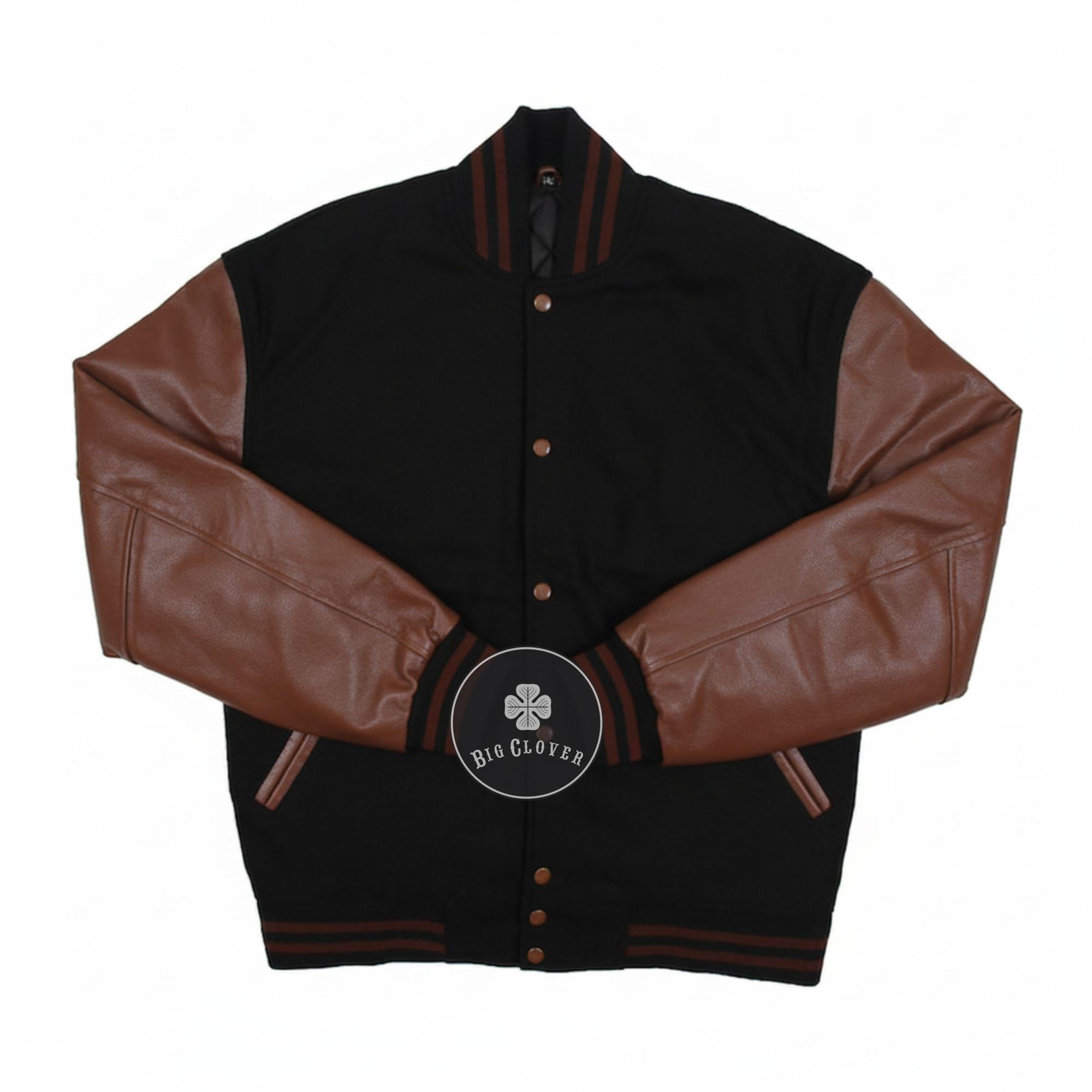 Handmade Wool Varsity Jacket: Black Wool Brown Leather Sleeves