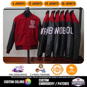 May include: A display of red and black letterman jackets. One jacket features the text "POLYVALENTE" and the initials "RP". The jackets have black sleeves and red bodies. The image also includes text that says "6 Jackets", "12 Jackets", "24 Jackets", and "36 Jackets".