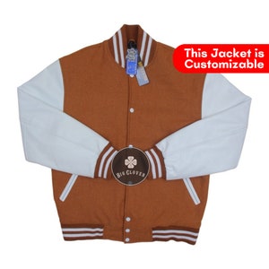 Handmade Brown Wool Body & White Genuine Cowhide Leather Sleeves High School Letterman Baseball Bomber Varsity Streetwear College Jacket