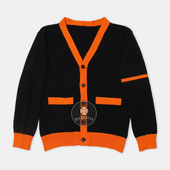 Handmade Jacquard Knit Cardigan: Black & Orange Acrylic Sweater - Etsy