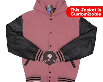 Handmade Pink Wool Varsity Jacket: Leather Sleeves, Hooded Bomber