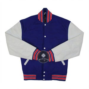 Handmade Royal Blue Wool Varsity Jacket: White Genuine Leather Sleeves