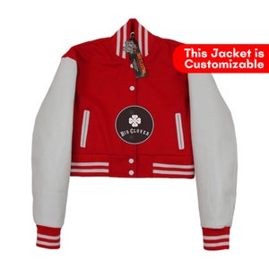 Handmade Cropped Wool Varsity Jacket: Red Body, Cowhide Sleeves