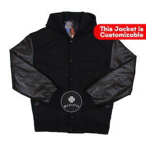 Corps en laine noire à capuche fait main et manches en cuir Blouson universitaire streetwear universitaire Letterman pour lycée