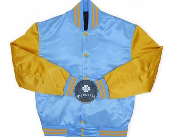 Handgefertigte Varsity Bomberjacke aus Satin in Himmelblau & Gold