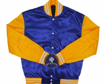 Handgefertigte Royal Blau Satin Varsity Jacke: Gold Gelbe Ärmel