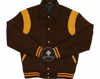 Handmade Brown Wool Varsity Jacket: Leather Accents, College Bomber