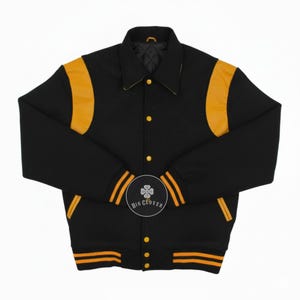 Handmade Black Wool Varsity Jacket: Leather Inserts, Letterman Style