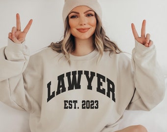 Custom Lawyer Est 2023 Sweatshirt Gift, Customized Lawyer Collegiate Crewneck Sweater Graduation Gift for Law School Student Graduate
