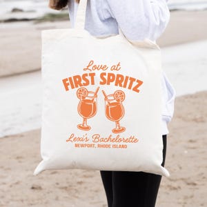 Love at First Spritz Bachelorette Tote Bag,Aperol Spritz Bride Gift Bag,Custom Euro Summer Bach Party Favor, Personalized Bridal Party Tote